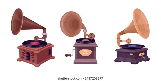 Antique music gramophones. Old school gramophone player for listening music flat vector illustration set. Retro nostalgic music devices