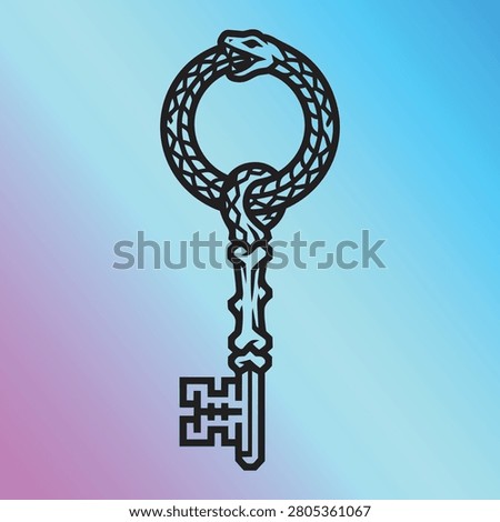 Antique Mythological Serpent Key Silhouette Graphic, Monochrome Esoteric Occult Print for Apparel