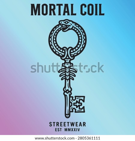 Antique Mythological Serpent Key Silhouette Graphic, Monochrome Esoteric Occult Print for Apparel