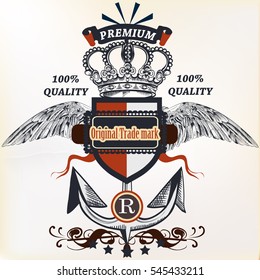 Antique nautical logotype or label with anchor, wings and crown. Ideal for T-shirt designs or badges