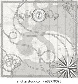 Antique nautical world map on parchment. Compass, ribbons and wind rose vector illustrations of marine symbols