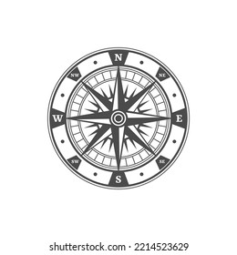 Antique navigation compass, marine navigation symbol. Sailor compass pictogram, nautical journey direction vector icon. Treasure hunt vintage symbol or medieval map rose wind sign