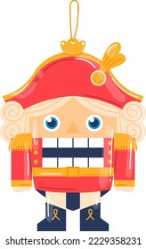 Antique nutcracker toy drummer soldier with a big tooth and opened mouth vector illustration isolated on white background