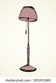 Antique old bedside torchere base on white wall backdrop. Freehand line black ink hand drawn torch object design emblem logo sign sketchy in retro art scribble style pen on paper space for text