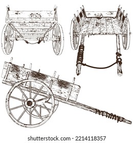 Antique Old Cart Wagon Vector 01. Cart Old Chariot Isolated On White Background. A vector illustration Of A Cart Wagon.