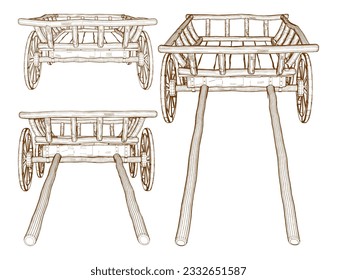 Antique Old Cart Wagon Vector 05. Cart Old Chariot Isolated On White Background. A vector illustration Of A Cart Wagon.