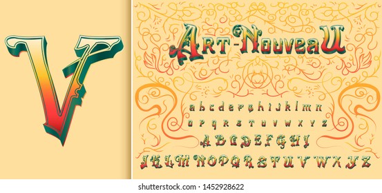 Antique old Font for label. Victorian alphabet in ancient style. Vintage typeface in white red gold and turquoise colors, editable and layered. Hand drawn Vector modern letters.