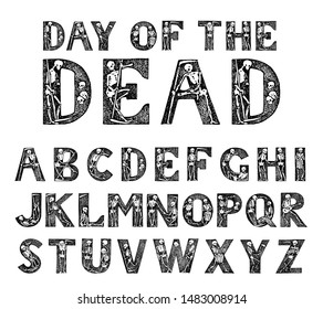 Antique old Font with skeletons for posters Day of the dead. Decorative Gothic alphabet in ancient style. Vintage typeface. Editable and layered monogram. Hand drawn Vector modern letters for banners