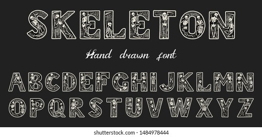 Antique old Font with skeletons for posters Day of the dead. Decorative Gothic alphabet in ancient style. Vintage typeface. Editable and layered monogram. Hand drawn Vector modern letters for banners