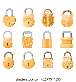 Antique old padlocks set in cartoon style on white background vintage lock security and safety mechanisms vector illustration