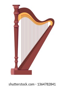 Antique, old stringed musical instrument is a classical wooden harp. Historical musical instrument harp, for festive, concert, festival performances. Vector cartoon illustration isolated.