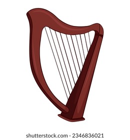 Antique, old stringed musical instrument is a classical wooden harp. Historical musical instrument harp. isolated 