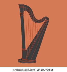 Antique, old stringed musical instrument is a classical wooden harp. Historical musical instrument harp, for festive, concert, festival performances. Vector cartoon illustration isolated.