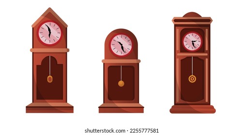 Antique old style cartoon pendulum clock cartoon set, vector clock cartoon set icon, antique clock.