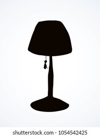 Antique old wooden bedside torchere base on white backdrop. Dark black ink hand drawn domestic torch object design element logotype  in retro art contour engrave style. Close-up view with sp