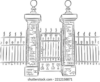 Antique openwork doors in the city. Linear illustration.