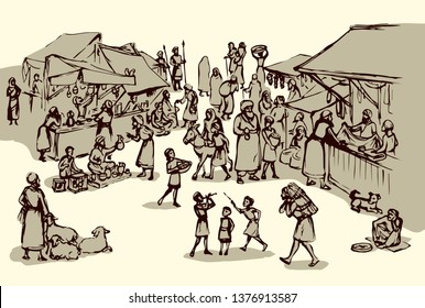 Antique orient religious heritage outdoor vendors man crowd scenic Syria view. Retro fez goods place on white background. Black hand drawn saudi rabat bazar quarter sketch in art cartoon history style