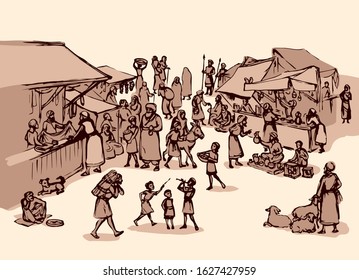 Antique orient religious heritage outdoor vendors man crowd scenic Syria view. Retro fez goods place on white background. Black hand drawn saudi rabat bazar quarter sketch in art cartoon history style