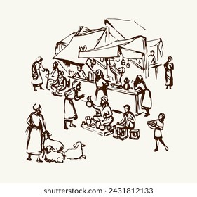 Antique orient religious heritage outdoor vendors man crowd scenic Syria view. Retro fez goods place on white background. Black hand drawn saudi rabat bazar quarter sketch in art cartoon history style