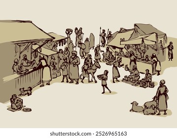 Antique orient religious heritage outdoor vendors man crowd scenic Syria view. Retro fez goods place on white background. Black hand drawn saudi rabat bazar quarter sketch in art cartoon history style