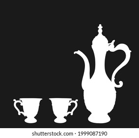 Antique oriental teapot ewer and cups vector silhouette illustration isolated on black ground. Brass Arabic copper jug for tea or coffee set. Water jar. 