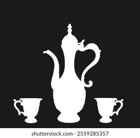 Antique oriental teapot ewer and cups vector silhouette illustration isolated on background. Brass Arabic copper jug for tea or coffee set. Water jar. 