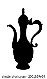 Antique oriental teapot ewer vector silhouette illustration isolated on white ground. Brass Arabic copper jug for tea or coffee set. Water jar. 