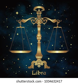 Antique ornate balance scales over blue night sky with gold stars. Zodiac sign Libra design hand drawn vector illustration