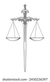 Antique ornate balance scales and sword Justice and making decision concept hand drawn isolated vector illustration