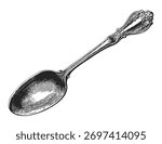Antique Ornate Engraved Silver Spoon Illustration With Decorative Handle And Shaded Bowl Vintage Etching On White Background