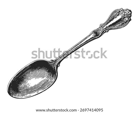 Antique Ornate Engraved Silver Spoon Illustration With Decorative Handle And Shaded Bowl Vintage Etching On White Background