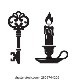 Antique ornate skeleton key and burning candle silhouette set with skeleton silhouette illustration
