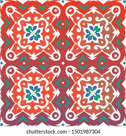 Antique ornate tiles talavera mexico. Original design. Vector seamless pattern texture. Red ethnic background for T-shirts, scrapbooking, linens, smartphone cases or bags.