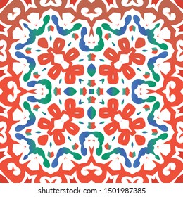 Antique ornate tiles talavera mexico. Minimal design. Vector seamless pattern flyer. Red ethnic background for T-shirts, scrapbooking, linens, smartphone cases or bags.