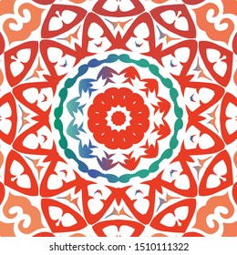 Antique ornate tiles talavera mexico. Hand drawn design. Vector seamless pattern trellis. Red ethnic background for T-shirts, scrapbooking, linens, smartphone cases or bags.