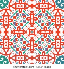 Antique ornate tiles talavera mexico. Vector seamless pattern concept. Hand drawn design. Red ethnic background for T-shirts, scrapbooking, linens, smartphone cases or bags.