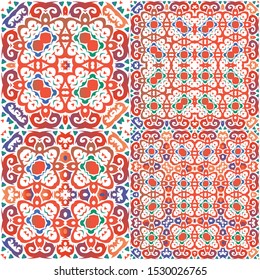 Antique ornate tiles talavera mexico. Kit of vector seamless patterns. Modern design. Red ethnic backgrounds for T-shirts, scrapbooking, linens, smartphone cases or bags.
