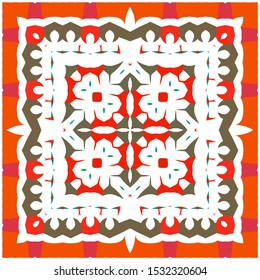 Antique ornate tiles talavera mexico. Hand drawn design. Vector seamless pattern trellis. Red ethnic background for T-shirts, scrapbooking, linens, smartphone cases or bags.