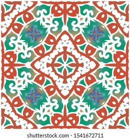 Antique ornate tiles talavera mexico. Original design. Vector seamless pattern trellis. Red ethnic background for T-shirts, scrapbooking, linens, smartphone cases or bags.