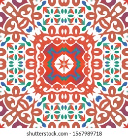 Antique ornate tiles talavera mexico. Vector seamless pattern flyer. Graphic design. Red ethnic background for T-shirts, scrapbooking, linens, smartphone cases or bags.