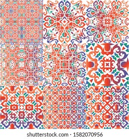 Antique ornate tiles talavera mexico. Geometric design. Collection of vector seamless patterns. Red ethnic backgrounds for T-shirts, scrapbooking, linens, smartphone cases or bags.