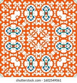 Antique ornate tiles talavera mexico. Minimal design. Vector seamless pattern flyer. Red ethnic background for T-shirts, scrapbooking, linens, smartphone cases or bags.