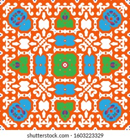 Antique ornate tiles talavera mexico. Minimal design. Vector seamless pattern flyer. Red ethnic background for T-shirts, scrapbooking, linens, smartphone cases or bags.