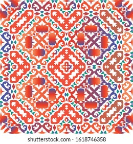 Antique ornate tiles talavera mexico. Geometric design. Vector seamless pattern illustration. Red ethnic background for T-shirts, scrapbooking, linens, smartphone cases or bags.