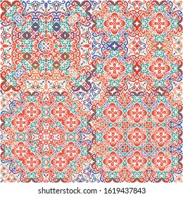 Antique ornate tiles talavera mexico. Collection of vector seamless patterns. Fashionable design. Red ethnic backgrounds for T-shirts, scrapbooking, linens, smartphone cases or bags.