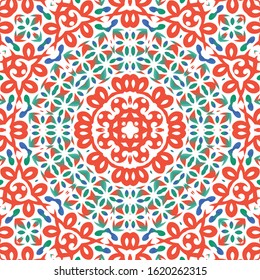 Antique ornate tiles talavera mexico. Vector seamless pattern flyer. Graphic design. Red ethnic background for T-shirts, scrapbooking, linens, smartphone cases or bags.