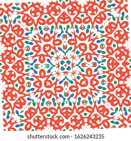 Antique ornate tiles talavera mexico. Vector seamless pattern flyer. Graphic design. Red ethnic background for T-shirts, scrapbooking, linens, smartphone cases or bags.