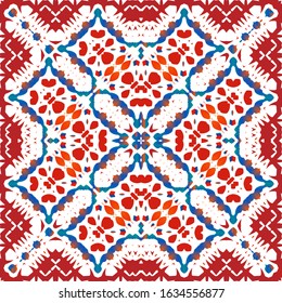 Antique ornate tiles talavera mexico. Minimal design. Vector seamless pattern flyer. Red ethnic background for T-shirts, scrapbooking, linens, smartphone cases or bags.