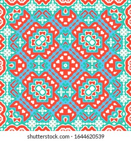 Antique ornate tiles talavera mexico. Vector seamless pattern illustration. Creative design. Red ethnic background for T-shirts, scrapbooking, linens, smartphone cases or bags.