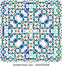 Antique ornate tiles talavera mexico. Minimal design. Vector seamless pattern flyer. Red ethnic background for T-shirts, scrapbooking, linens, smartphone cases or bags.